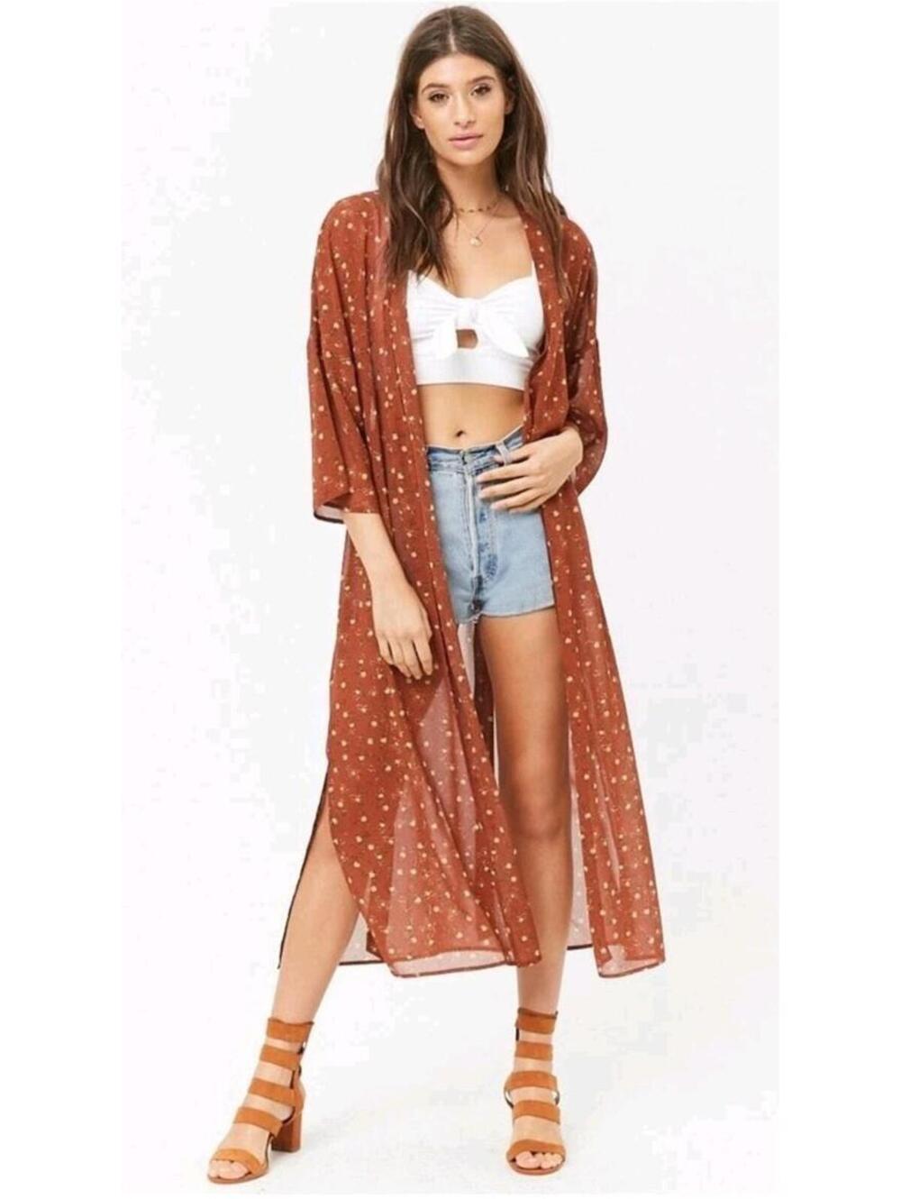Forever 21 Floral Kimono Robe Semi-Sheer Size Medium Brown Belted Yellow Roses